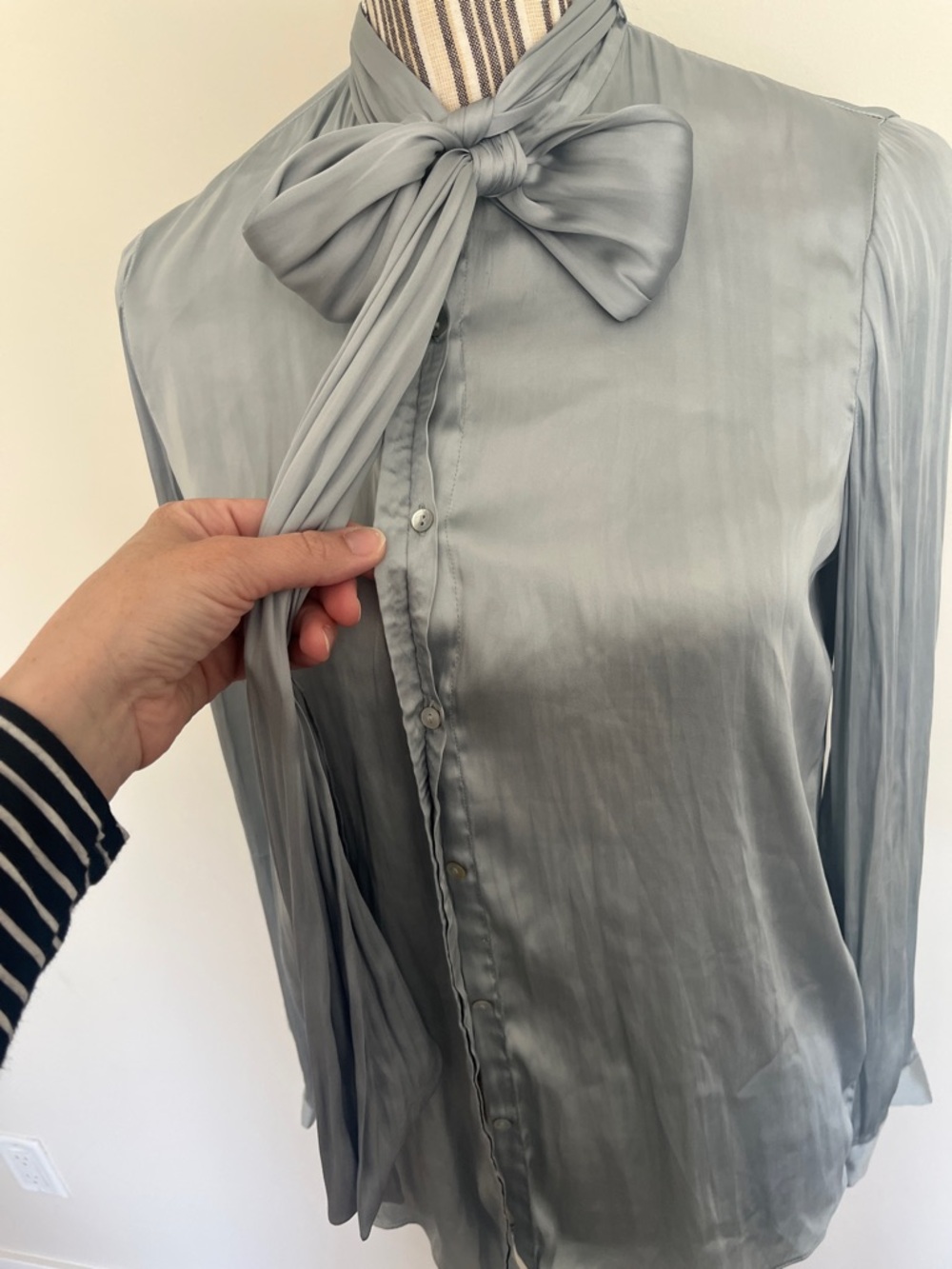 Zara - Dusty Blue Satin Bow-Neck Blouse - Picture 3 of 9